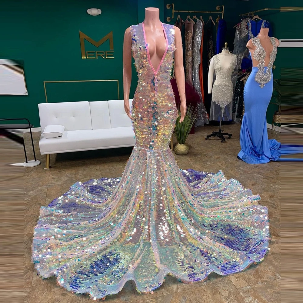 

Sparkle Sequined Lace Mermaid Prom Gowns Elegant Sleeveless V Neck Sequins Formal Party Dress Modern Long Evening Pageant Gowns
