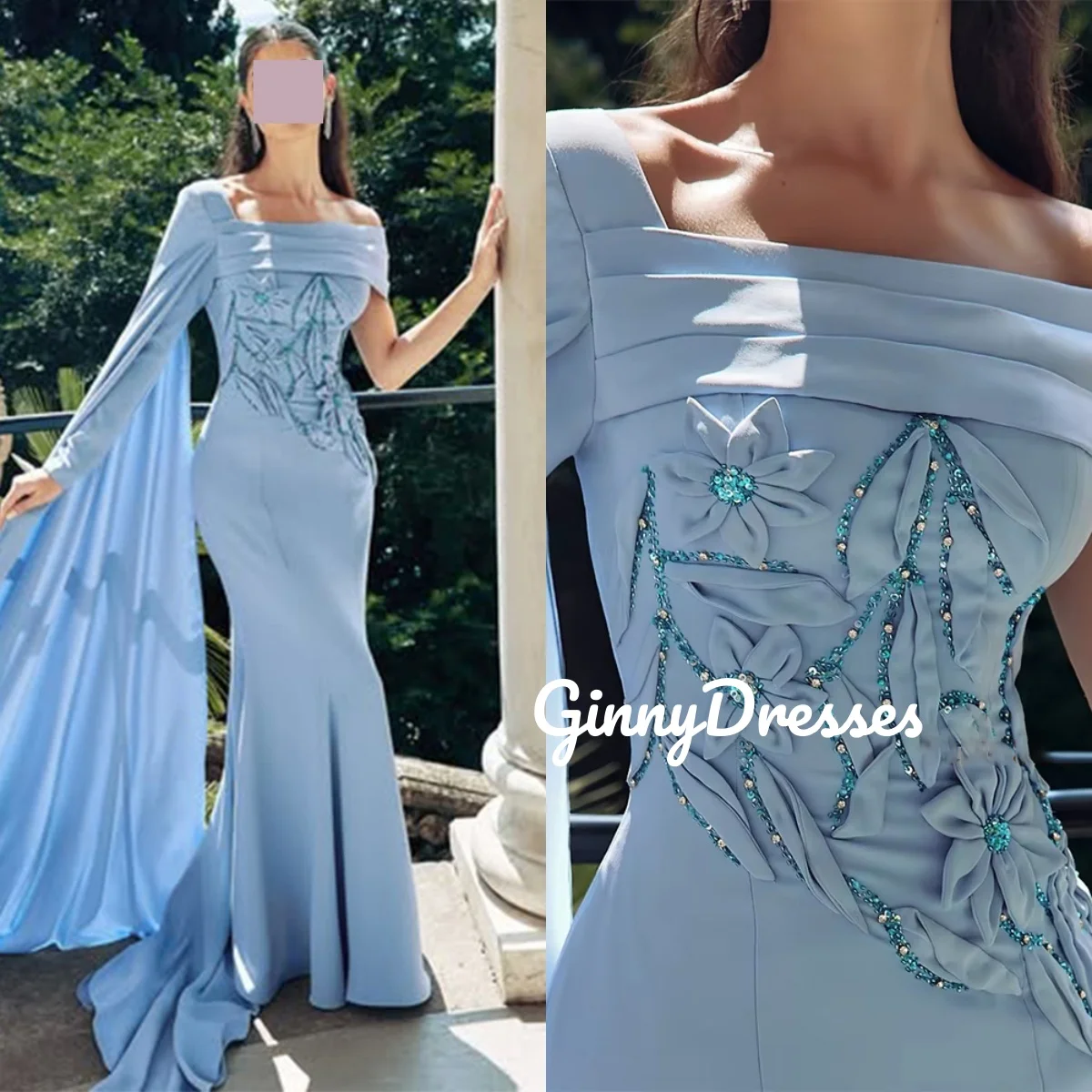 

Mermaid Customize Evening Dress One-Shoulder Floor-Length Dresses For Special Events Beadings Short Sleeves Zipper Up Vestidos