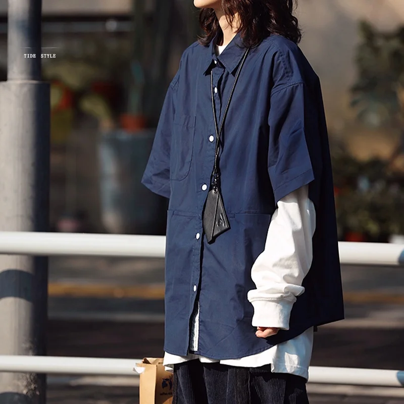 

Summer Loose Fit ort Sve Men's irt Vintage Workwear Blue Casual Versatile Student Friendly Polyester Cotton Blend