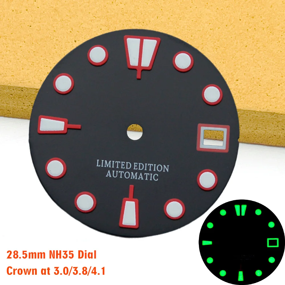 Customized NH35 Dial 28.5mm Watch Dial Fit for NH35 NH36 7S26 Movement SKX007 SRPD Samurai Case Green Luminous Watch Dial