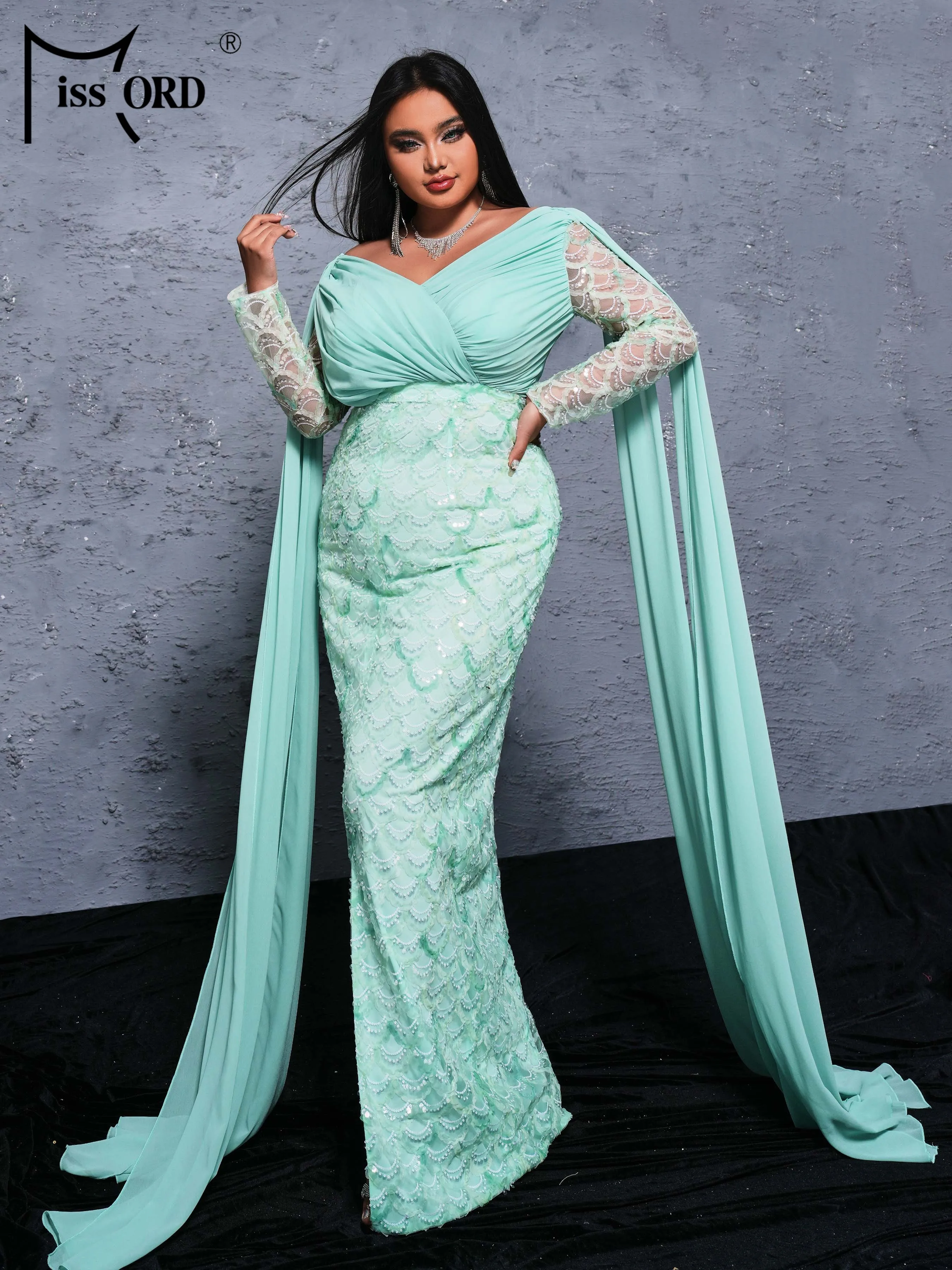 Missord 2024 Plus Size Sequin Flowing Sleeve V Neck Panel Mermaid Evening Wedding Birthday Party Dress