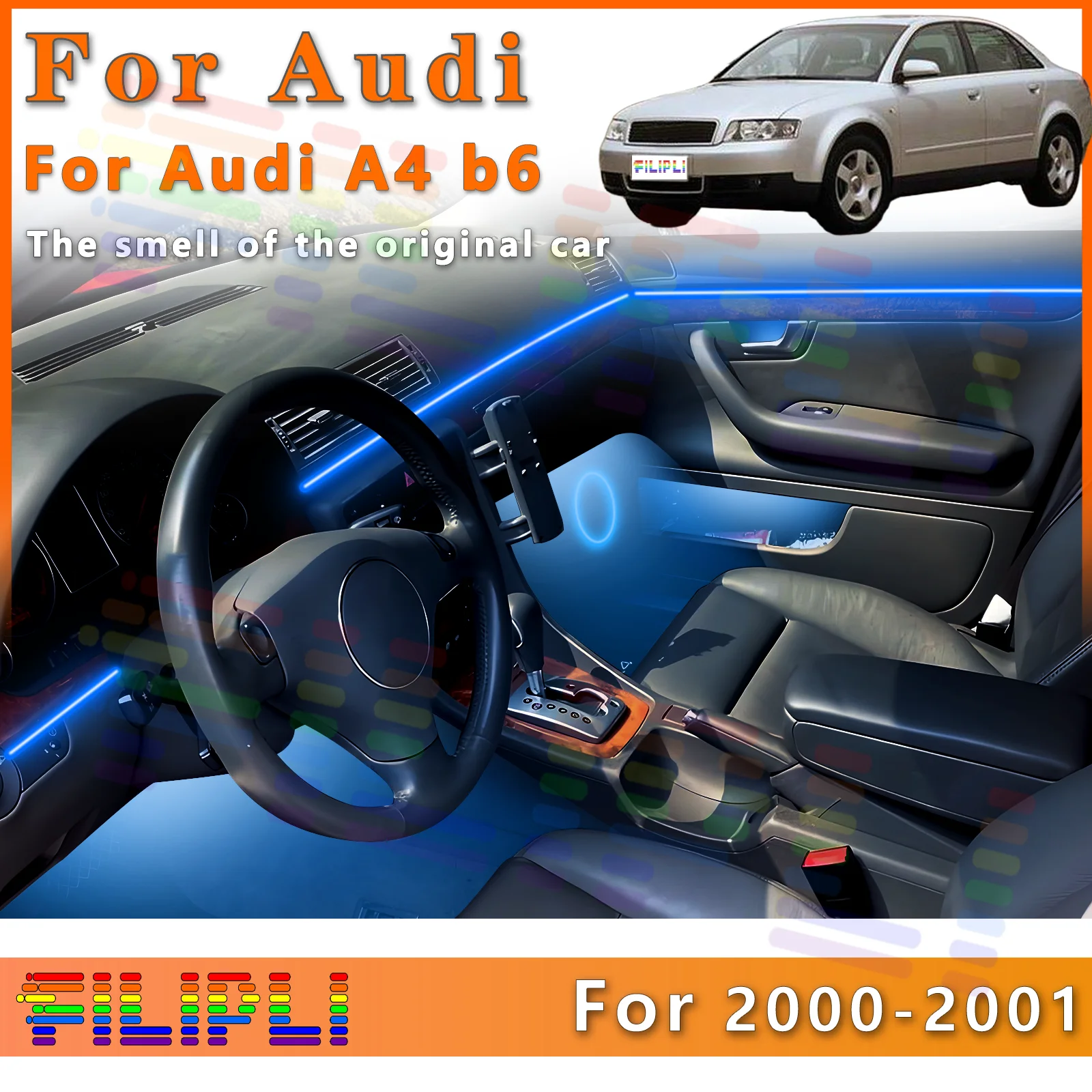 

For Audi A4B6 2000-2001 Car Interior RGB LED Atmosphere Light Strip Fiber Optic Neon Invisible Ambient Lamp APP Decoration Trim