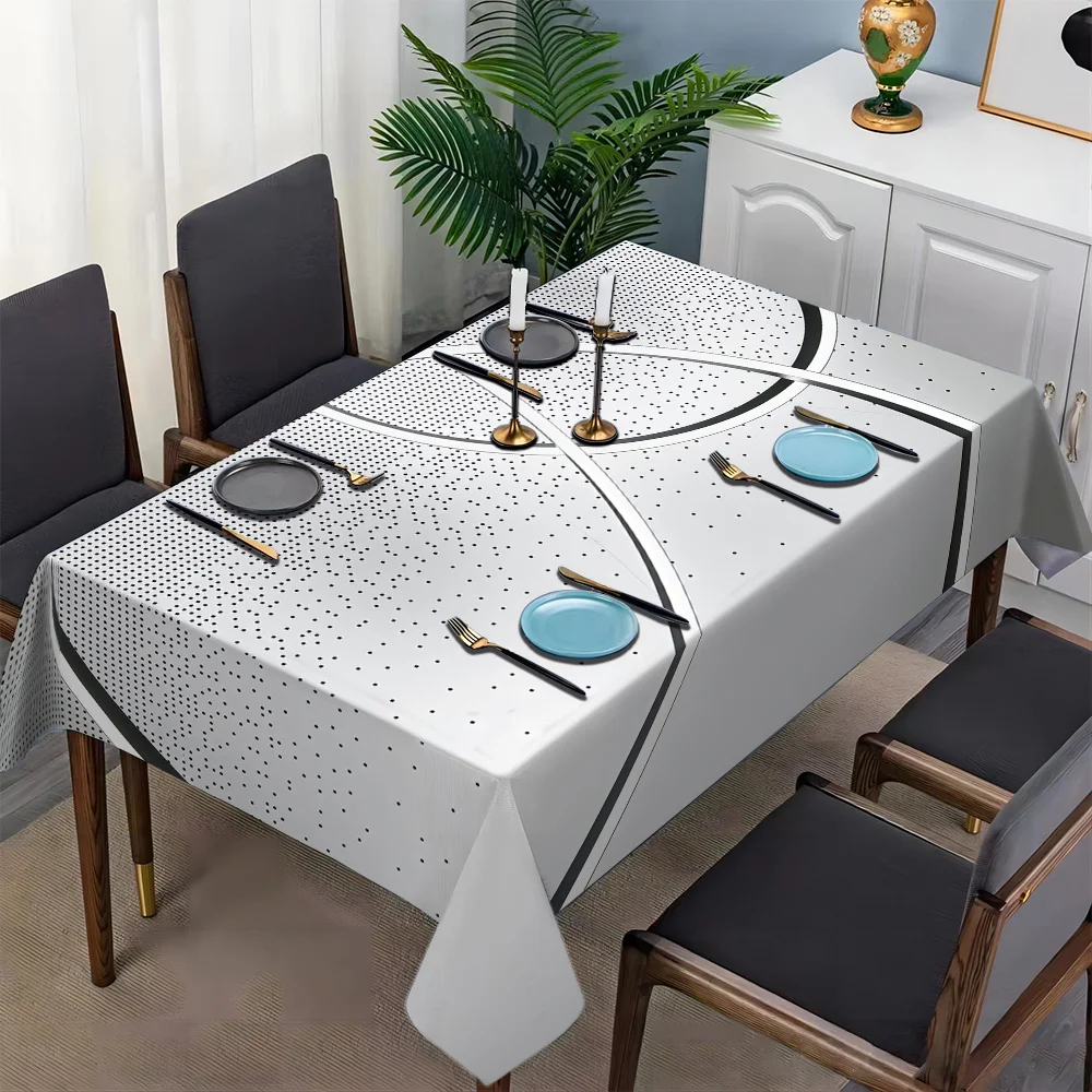 Grey Dot Curve Tablecloth, Light Grey Base With Black Dots & Curve Line Print, Rectangular Table Cover for Dining Kitchen Decor