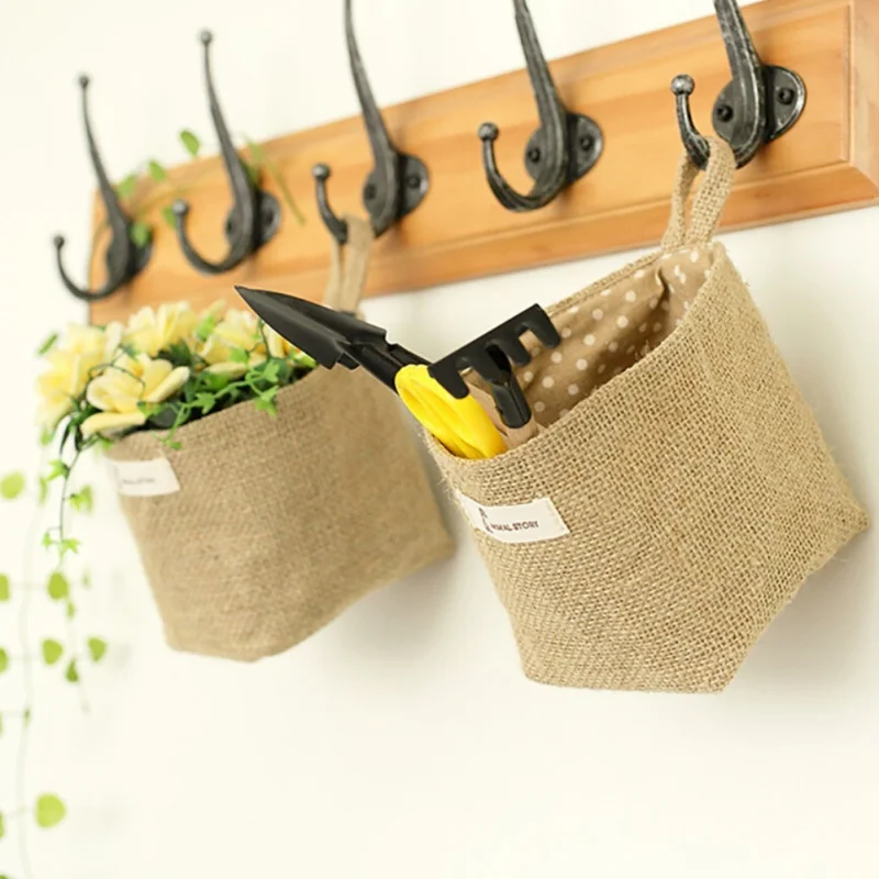 Cotton Linen Wall Hanging Storage Bag Desktop Storage Bucket Home Office Organizer Flower Pot Small Sack Bathroom Kitchen Basket