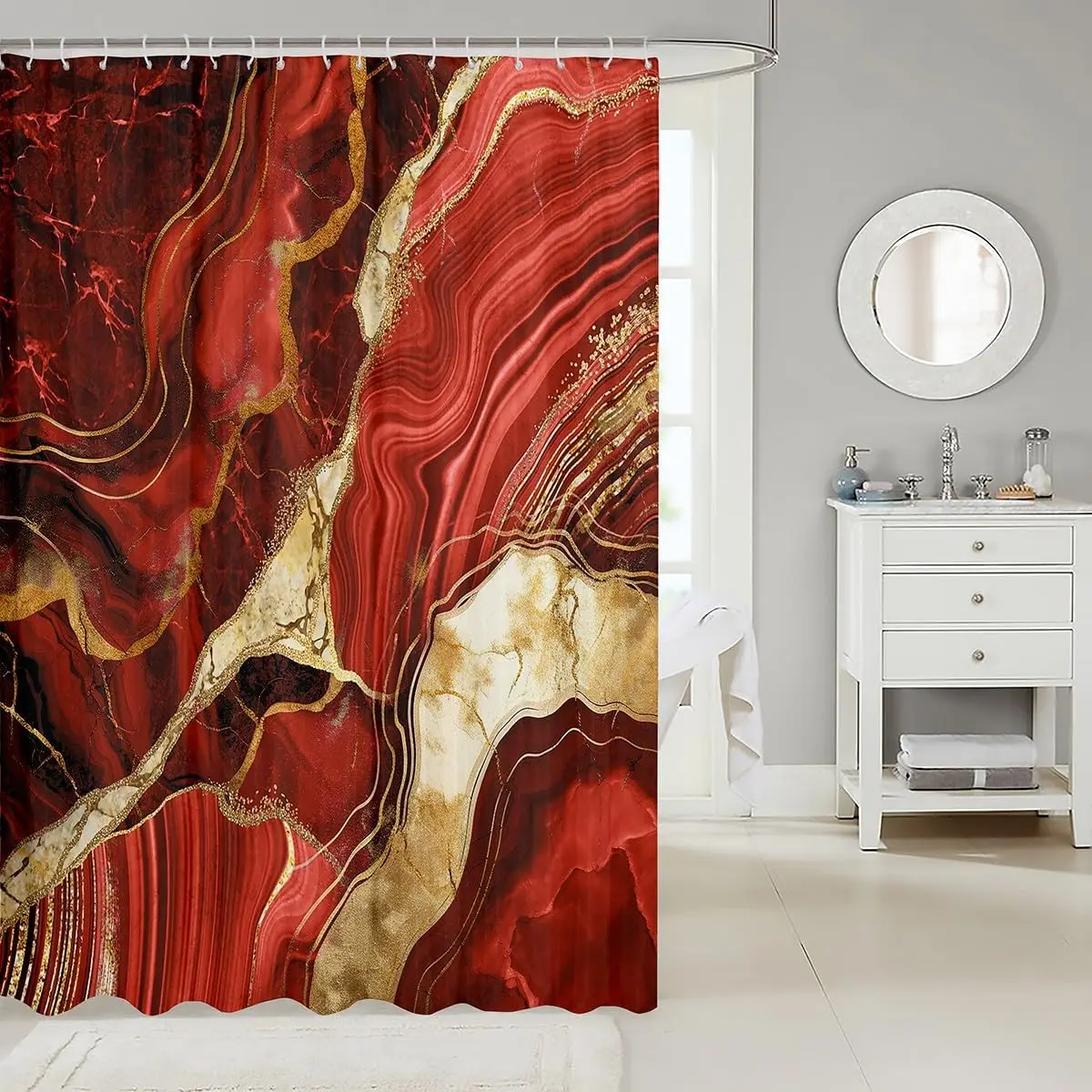 Red Gold Marble Shower Curtain Marbling Crack Print Abstract Metallic Texture Luxury Shiny Boho Hippie Fluid Decor with Hooks