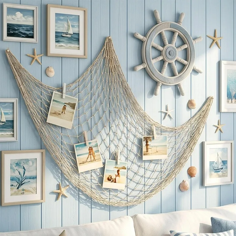 Wall Hanging Fishing Net Pirate Mermaid Beach Themed Fish Net Decorations Home Bedroom Hawaiian Ocean DIY Decor Party Supplies view 3
