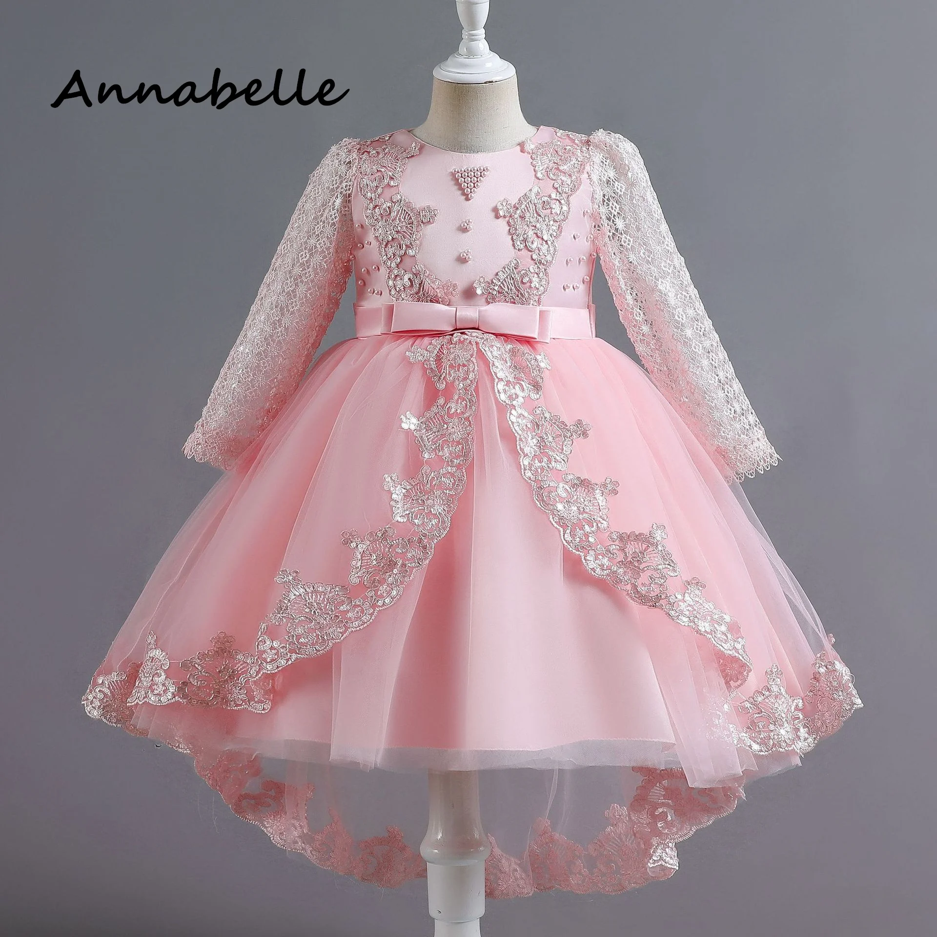 Annabelle Flower Girl Princess Dress Baby Girl Ceremony Birthday Puffy Long Sleeved For Wedding Party Bridesmaid Bow  Dresses