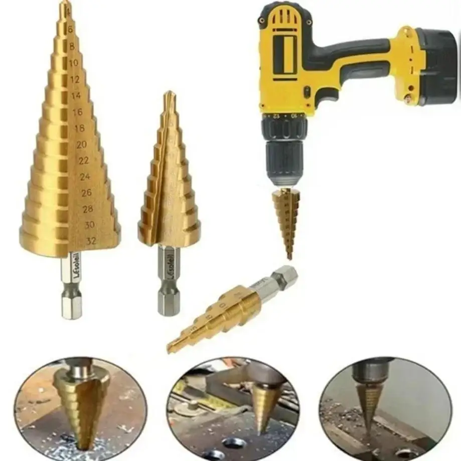 

1 Pcs 4-12/20/32mm HSS Steel Large Step Cone Titanium Coated Metal Drill Bit Cut Tool Set Hole Cutter (1Pcs Gold)