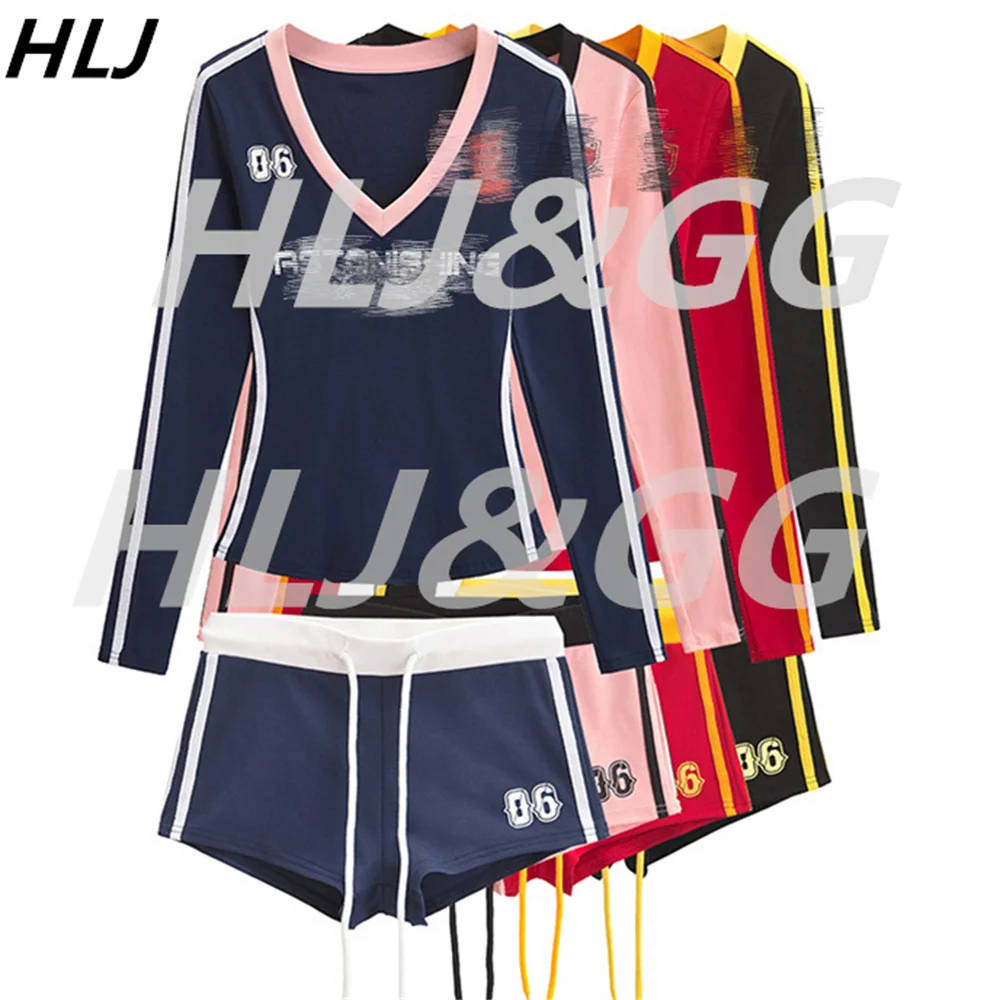 HLJ American Vintage Style Streetwear Women V Neck Long Sleeve Top And Drawstring Sporty Shorts Outfits Fashion 2pcs Tracksuits