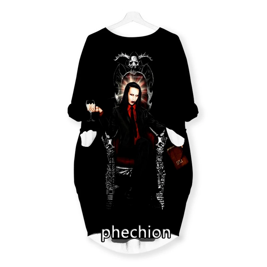 phechion New Fashion Marilyn Manson 3D Print Dresses Casual Mid-length Dress Women Clothing Pocket Long Sleeve Tops T56