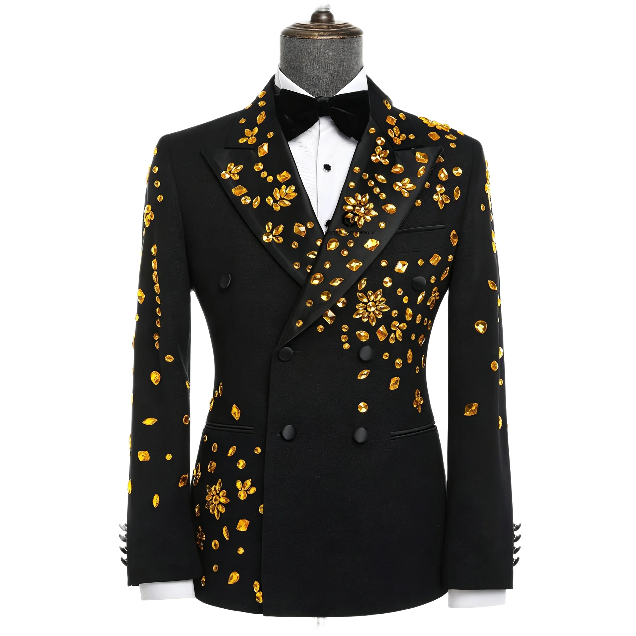 Black Crystals Peak Lapel Blazers for Men Fashion Double Breasted Suit Only Jacket Wedding Tuxedo 1 Piece Formal Evening Gown