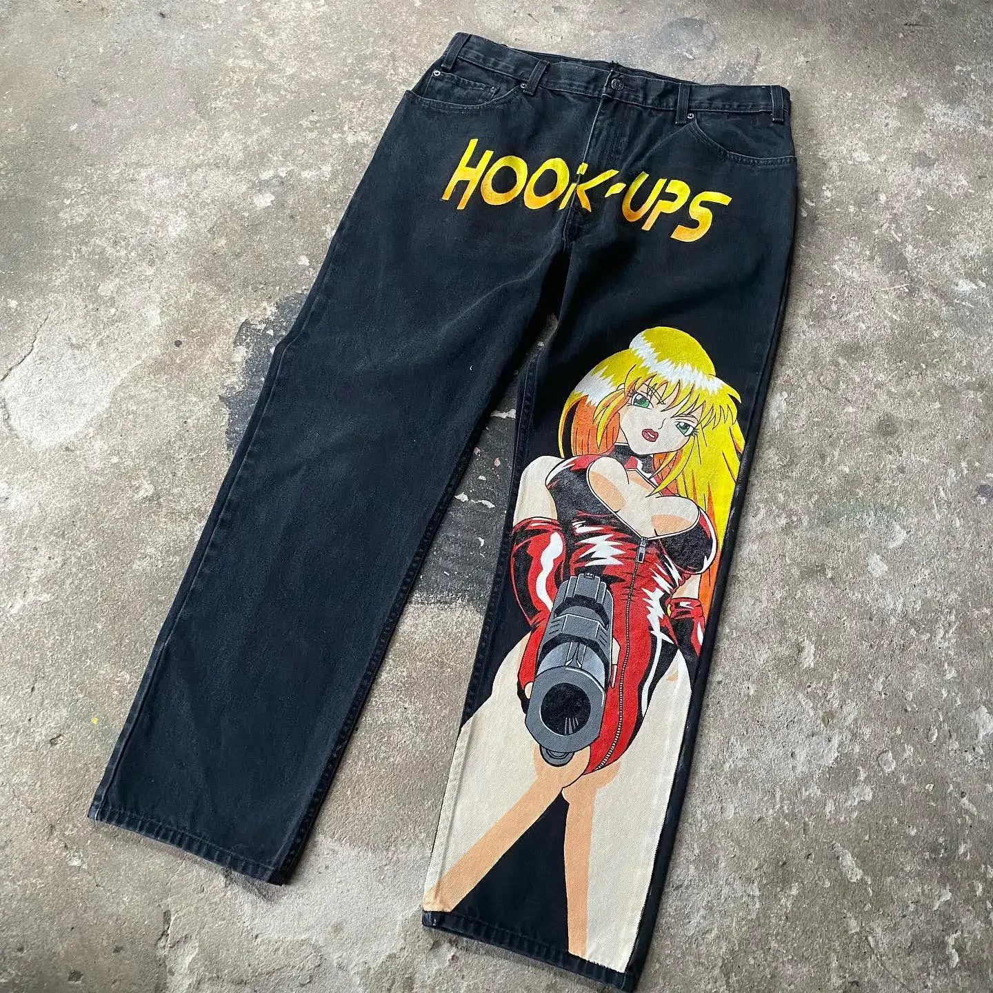 Japanse Anime 002 Cartoon Print Harajuku Losse Honderd Retro Jeans Lente En Zomer Casual Rechte Broek Hip-Hop Broek Y 2K