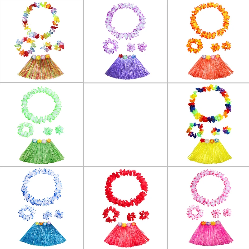 Hawaii Party Decorations Adult Beach Flower Necklace Wreath Hula Hawaiian Skrit Dress Kids-Girls Costume Birthday Party Supplies