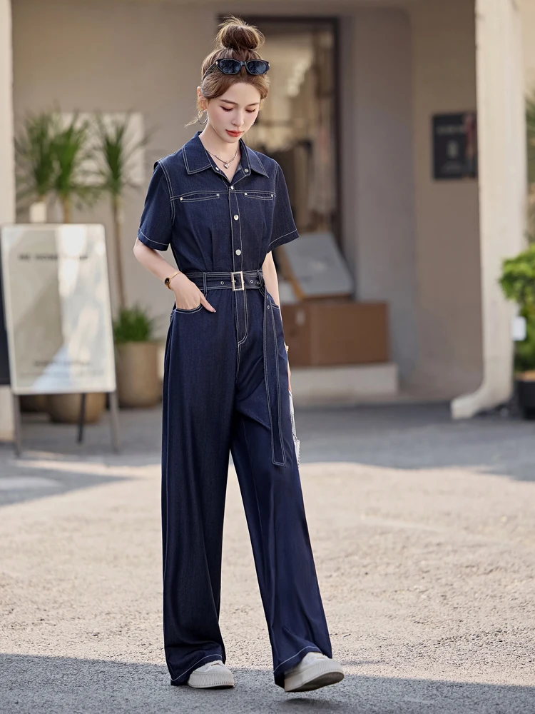 

Винтажные джинсовые цельные брюки, женские модные возрастные комбинезоны с широкими штанинами, лето 2025, новинка Sle, универсальный