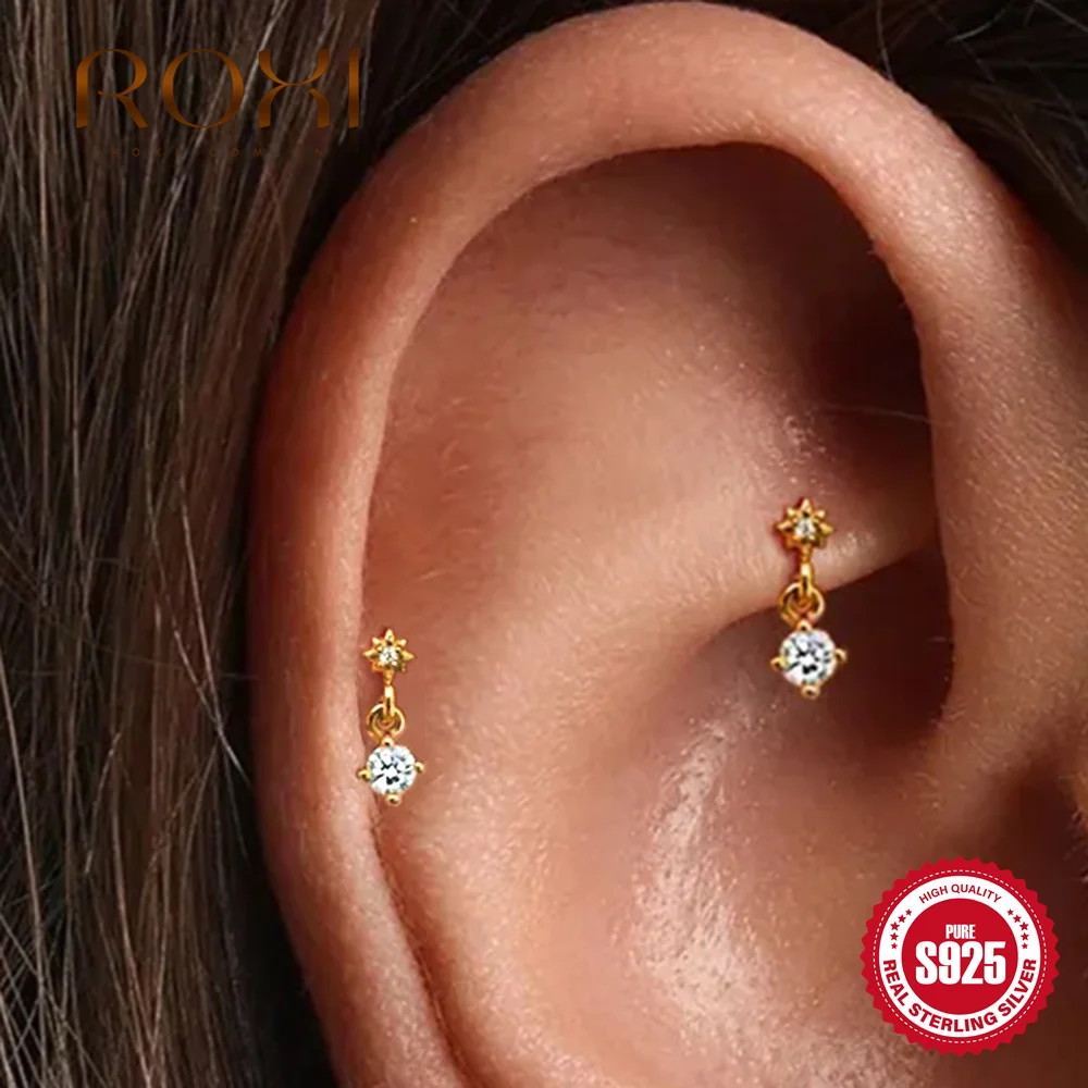 ROXI 1PC S925 Silver Starburst CZ Dangle Cartilage Stud Multi Style Drop Tragus Piercing Ins Dainty Stackable Earring Daily Wear