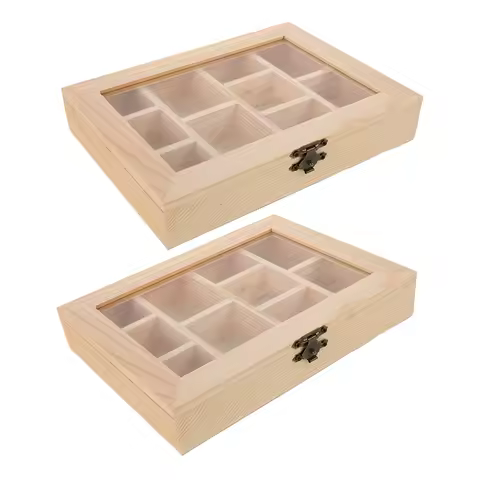 2pcs Rock Collection Box Wooden Display Case with Glass Lid for Crystal Artifact Seashells 10 Grid Earring Box Holderfor Drawers