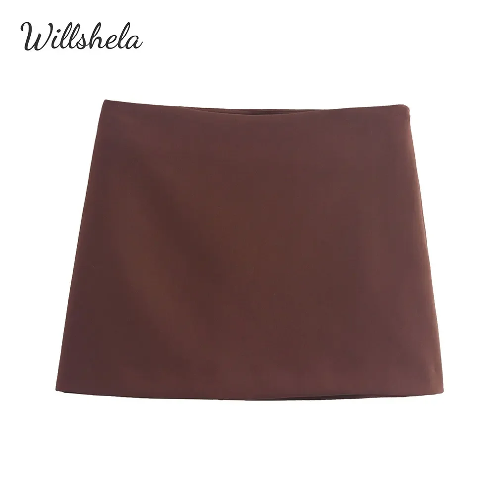 Willshela Women Fashion Brown Mini A-Line Skirt Female Chic Office Lady Casual Basic Bottom Skirt Mujer