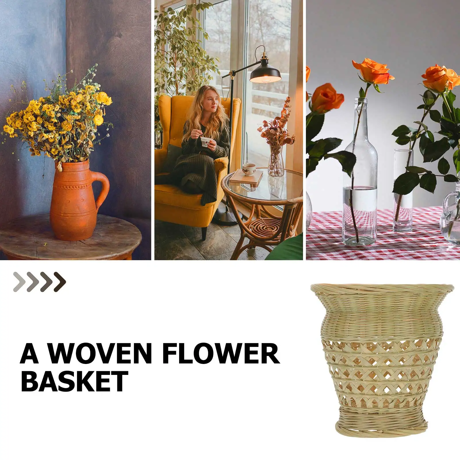 

1pc Bamboo Woven Flower Vase Decorative Container Desktop Basket Elegant Practical Storage Dry Flowers Artistic Texture