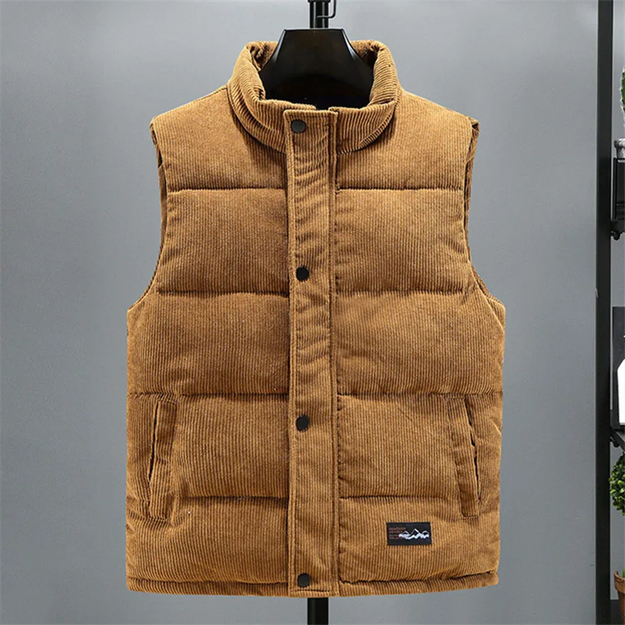 

2025 New Vest Jacket Men's Autumn Winter Warm Coat Stand Collar Padded Waistcoat Corduroy Work Wear Male Clothes M-5XL