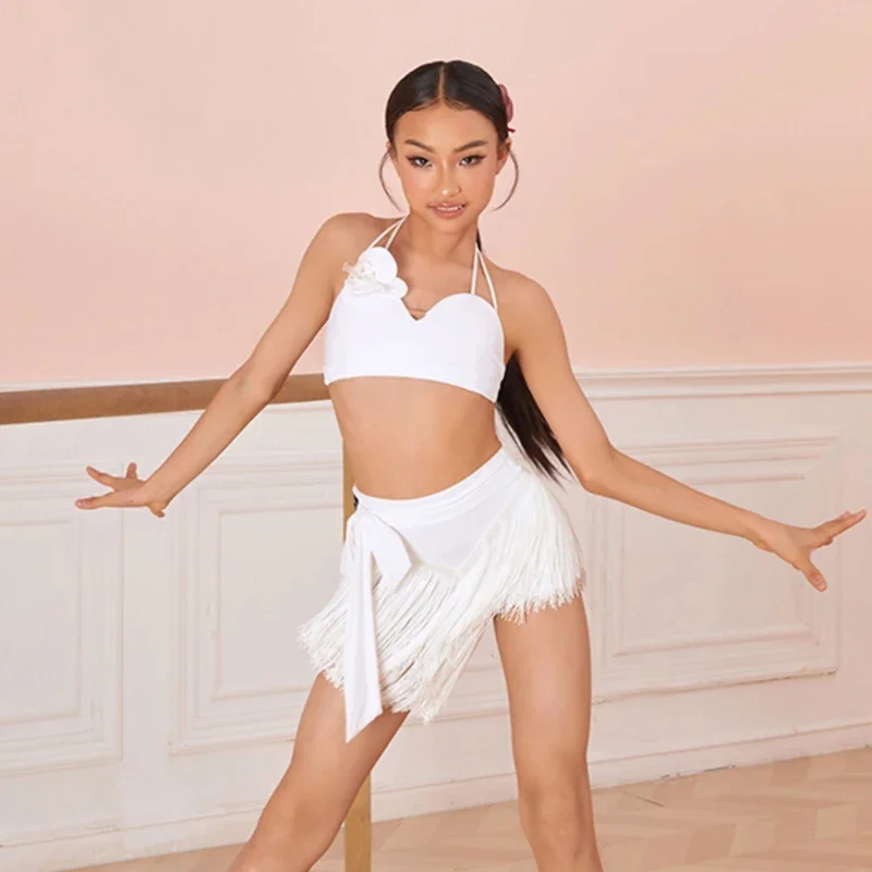 Seksowne stroje do tańca latynoamerykańskiego Chacha dla dziewcząt, ubrania do samby, bezrękawnik, krótki top, spódnica z frędzlami, strój sceniczny DQS20023