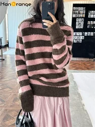 HanOrange 2024 Winter Contrast Striped Wool Sweater Women Soft Sticky Silhouette Knitting Top Rice Brown/Pink Coffee