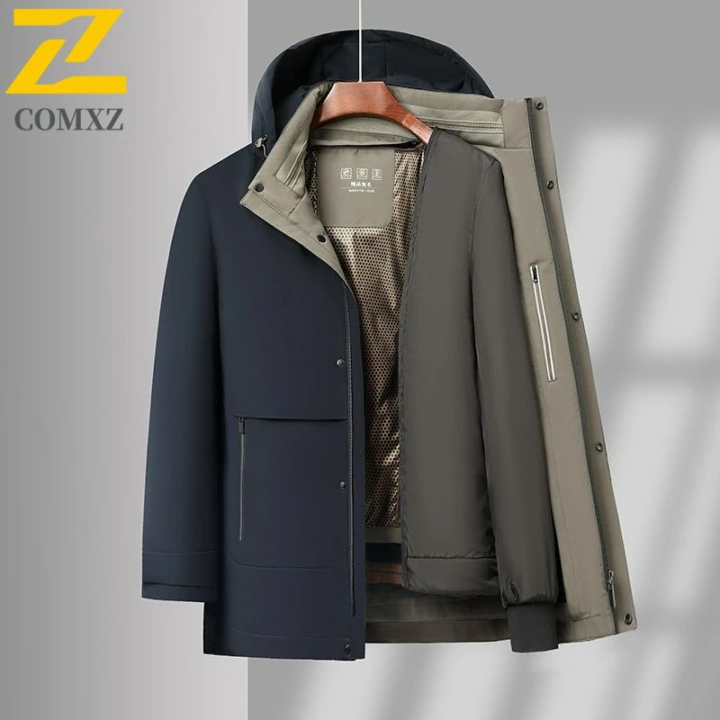 

COMXZ Мужская стеганая куртка, новая классическая теплая парка с капюшоном для работы на открытом воздухе, высококачественная съемная внутренняя часть, легкое зимнее пальто