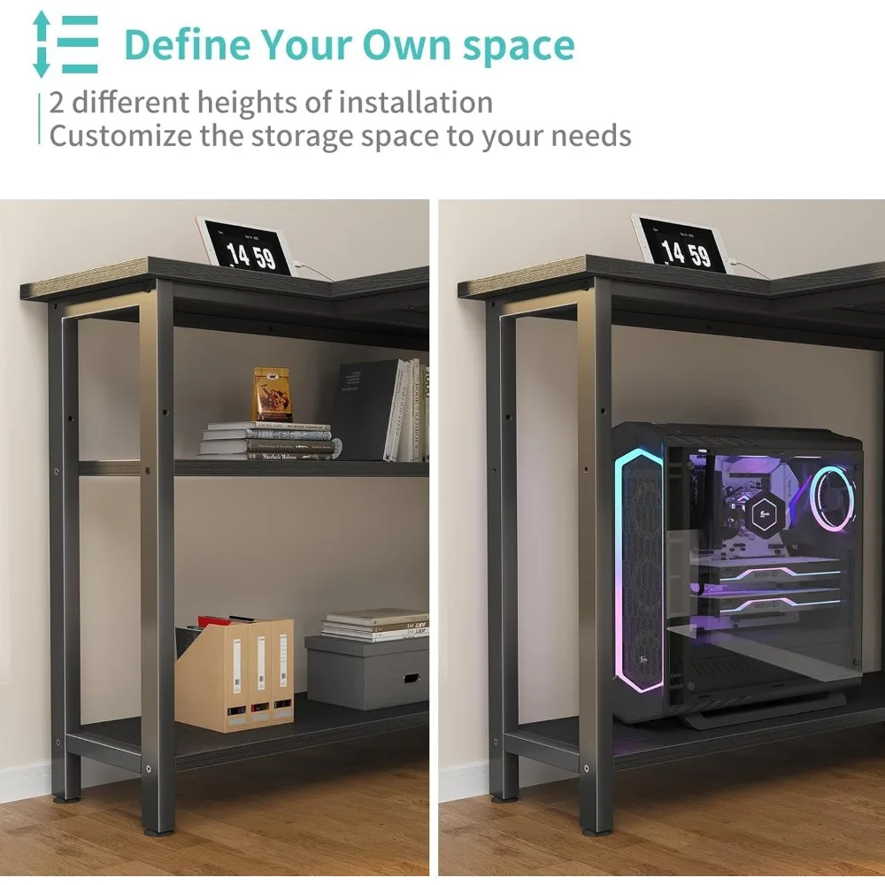 L-Shaped Computer Desk 47 Inch for Home Office, Corner Study Writing Desk with Power Outlet Shelves, Bedroom Office Furniture