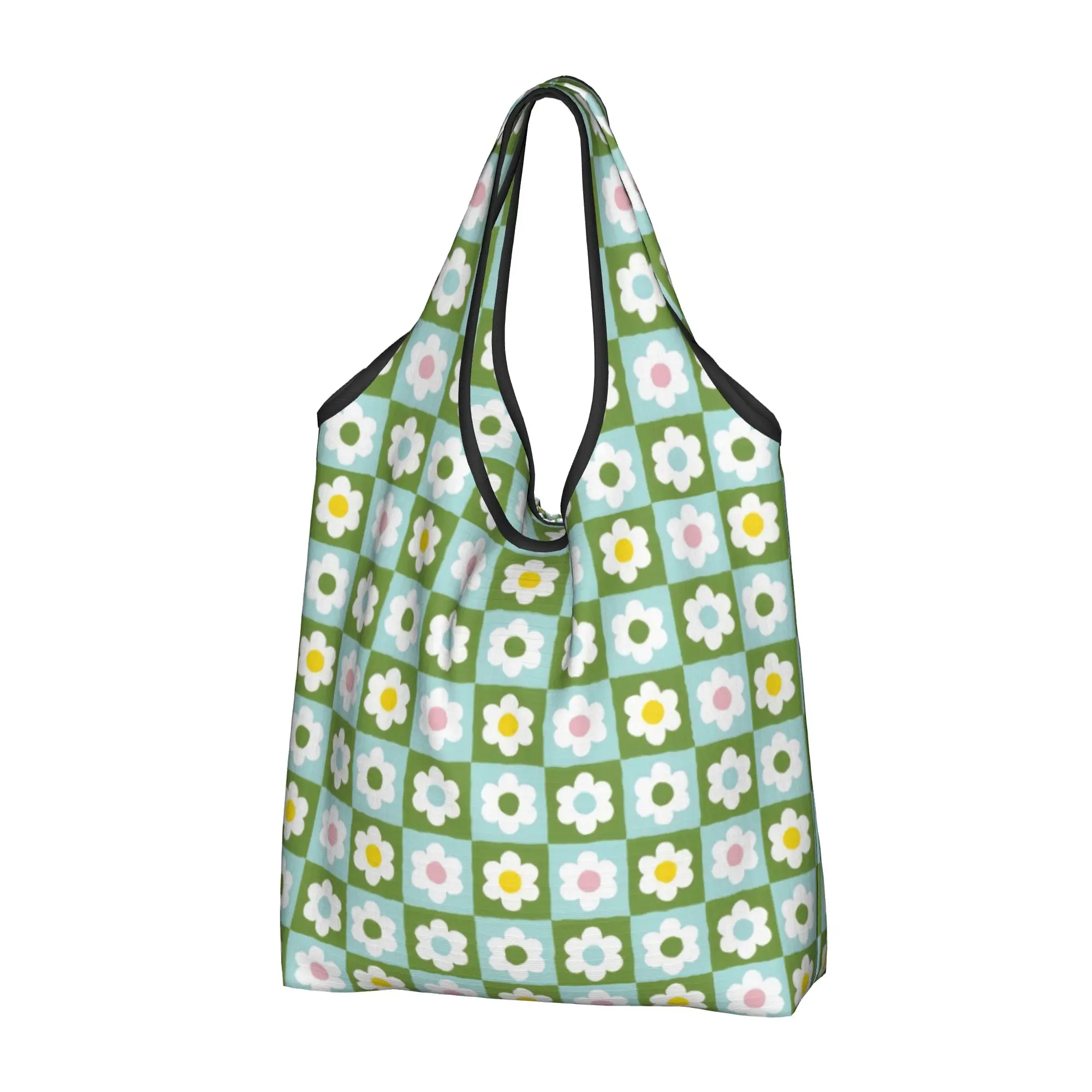 Recycling Daisies Checkerboard Flowers  Shopping Bag Women Tote Bag Portable Blue And Green Grocery Shopper Bags