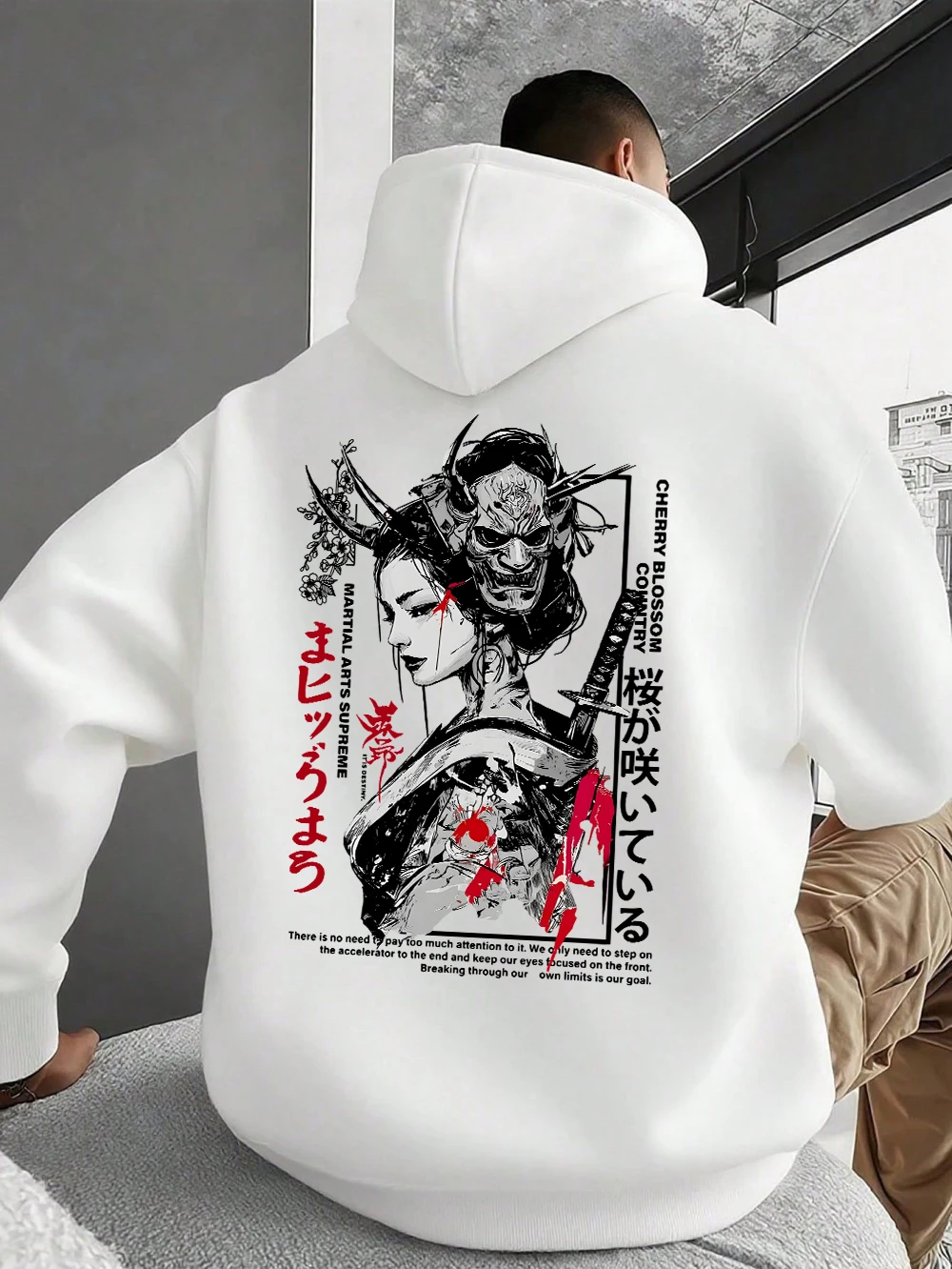 

Cherry Blossom Country Printing Mens Hoodies Autumn Pocket Sweatshirts Basics Fleece Warm Oversize Tops Fashion Men'S Clothes