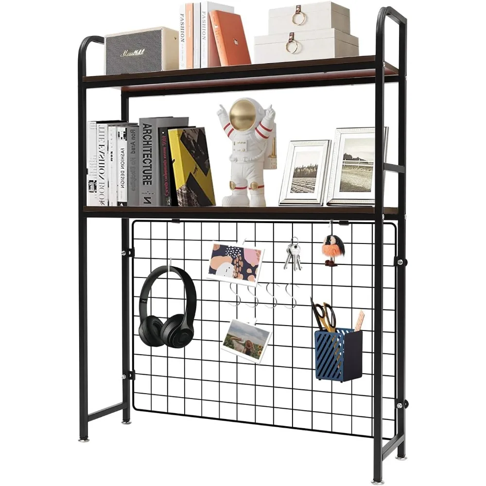 Computer Desktop Bookcase 2-Tier Multipurpose Countertop Display Shelf with Grid Adjustable Shelf Display Rack Desk Organizer