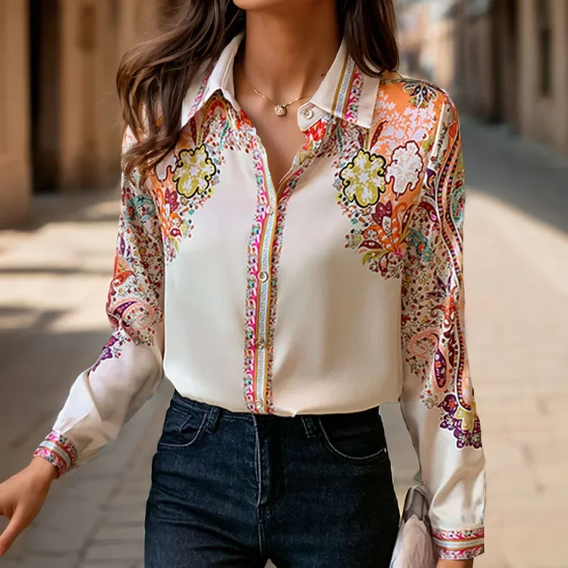 New Long Sleeve Silk Shirts Women Elegant Satin Blouse Fashion Floral Print Clothes Woman Button Up Ladies Tops Blusas 18440