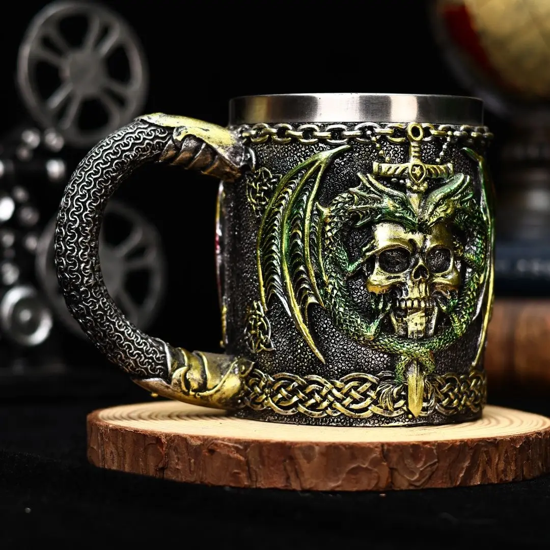 Dragon Sword Beer Glass Medieval Resin Stainless Steel Mug Skull Beer Steins Bar Drinkware Gothic Tankard Coffee Cup Tea Tumbler