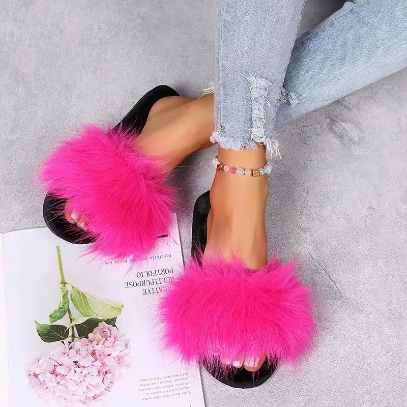 Girls Slippers New Arrival Luxury Ladies Outdoor Furry Fur Flip Flops Women Amazing Plush Slides Wholesale Beach Flats Shoes