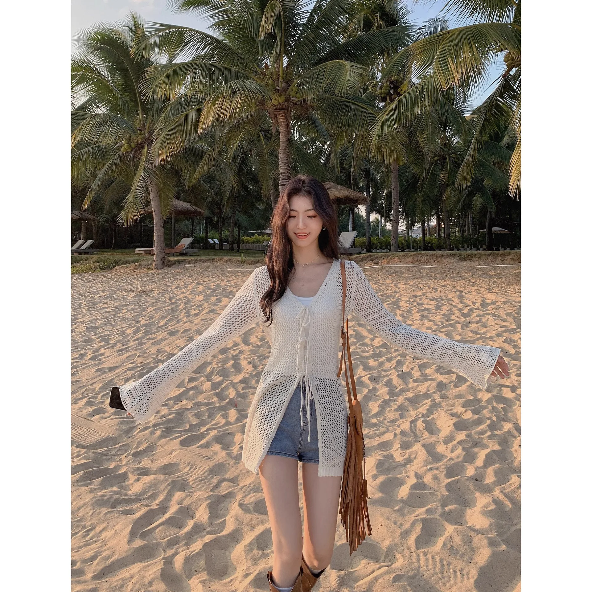 2026 New Women Hollow Out Sun Protection Knit Cardigan Thin Summer Tie Front Mid-length Ice Silk Air condition Cover Up Jacket
