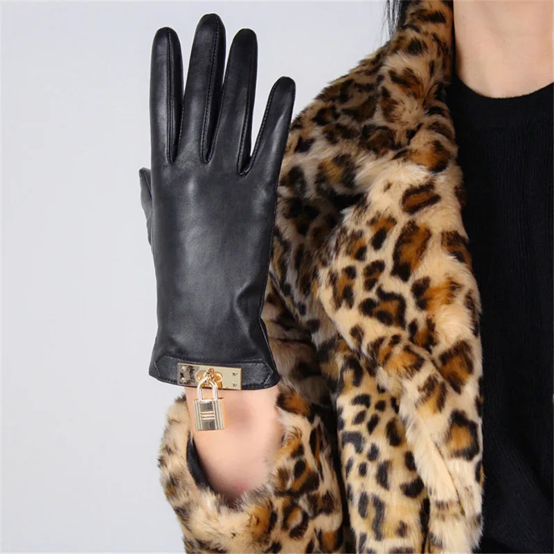 New Women\'s Ladies Real Leather Black Gloves Touch Screen Sheepskin Gloves With Lock Design