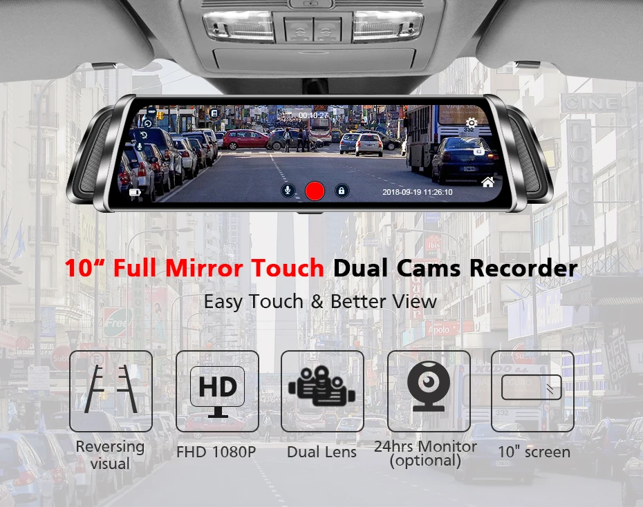 Smart Rearview Mirror Car DVR 10''Touch Screen 1080P Registrar Dual Lens Dash Cam GPS Track Video Recorder Auto Camera