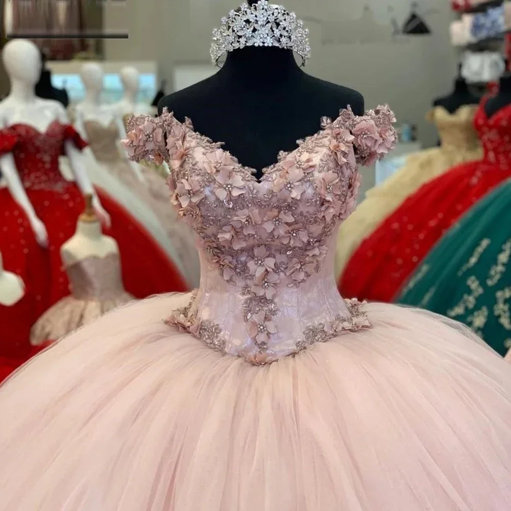 Vestido de baile de quinceañera con escote Corazón, vestido de fiesta de moda, hombros descubiertos, flor 3D, Cenicienta, cumpleaños, caliente, 15