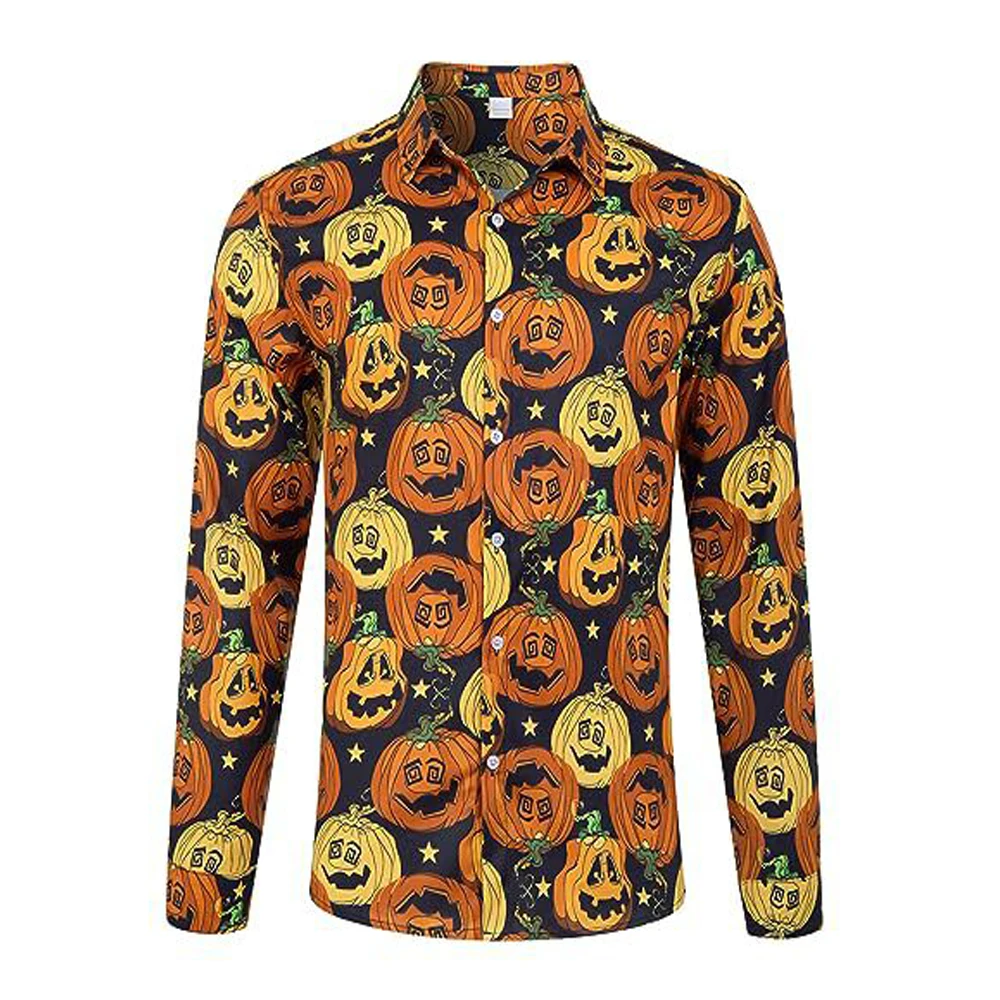 Chemises d'Halloween à manches longues pour hommes, chemise imprimée tête de Aliments, haut boutonné décontracté, rue adulte, fête trempée