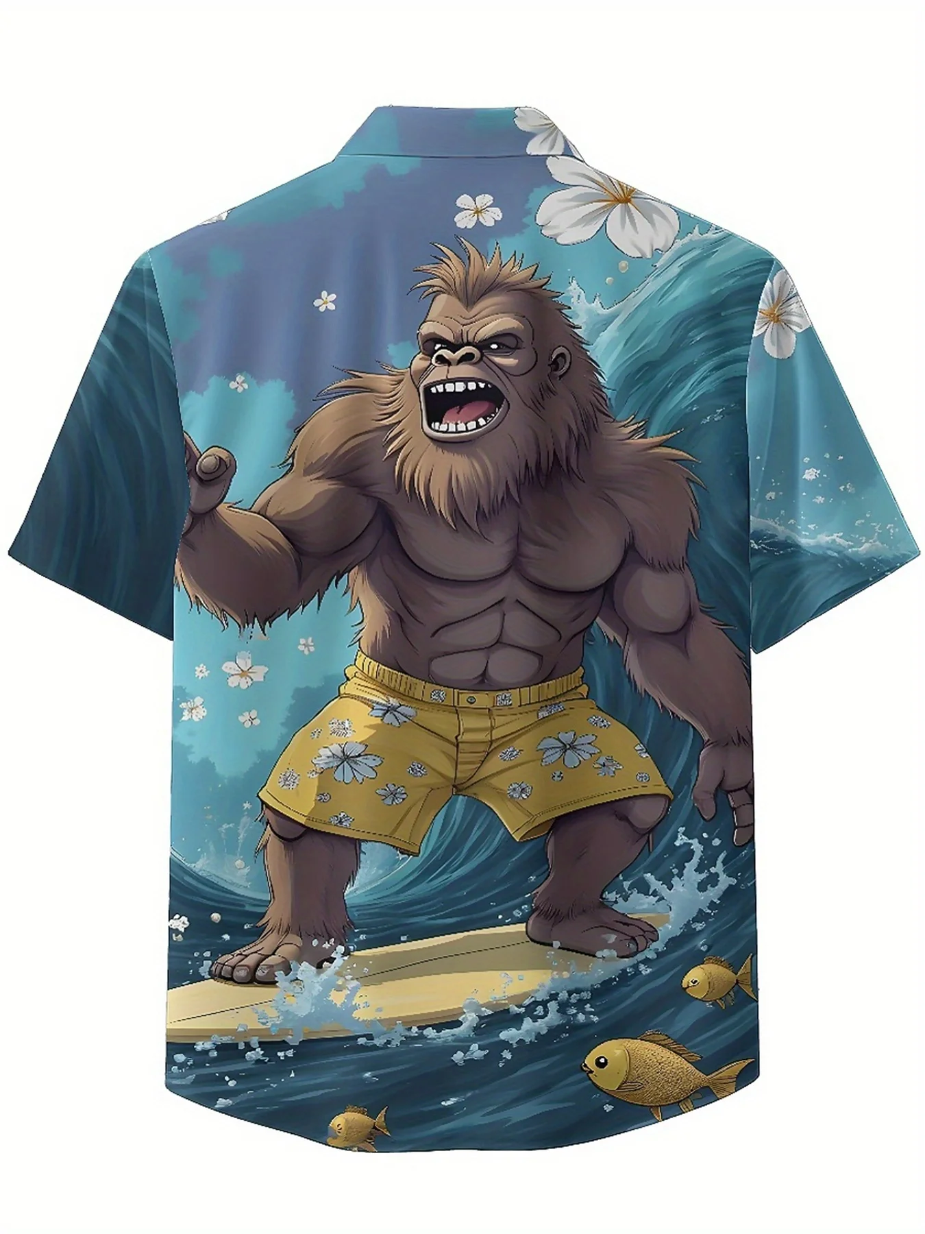 قمصان هاواي للرجال مقاس كبير بنمط ركوب الأمواج الاستوائي Sasquatch، قمصان صيفية غير رسمية، مناسبة للحفلات الخارجية، ملابس الشارع