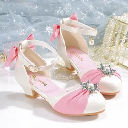 2023 Spring New Girls' Leather Shoes Children's Crystal Princess Shoes Fashion Pearl Bow High Heel Performance Shoes