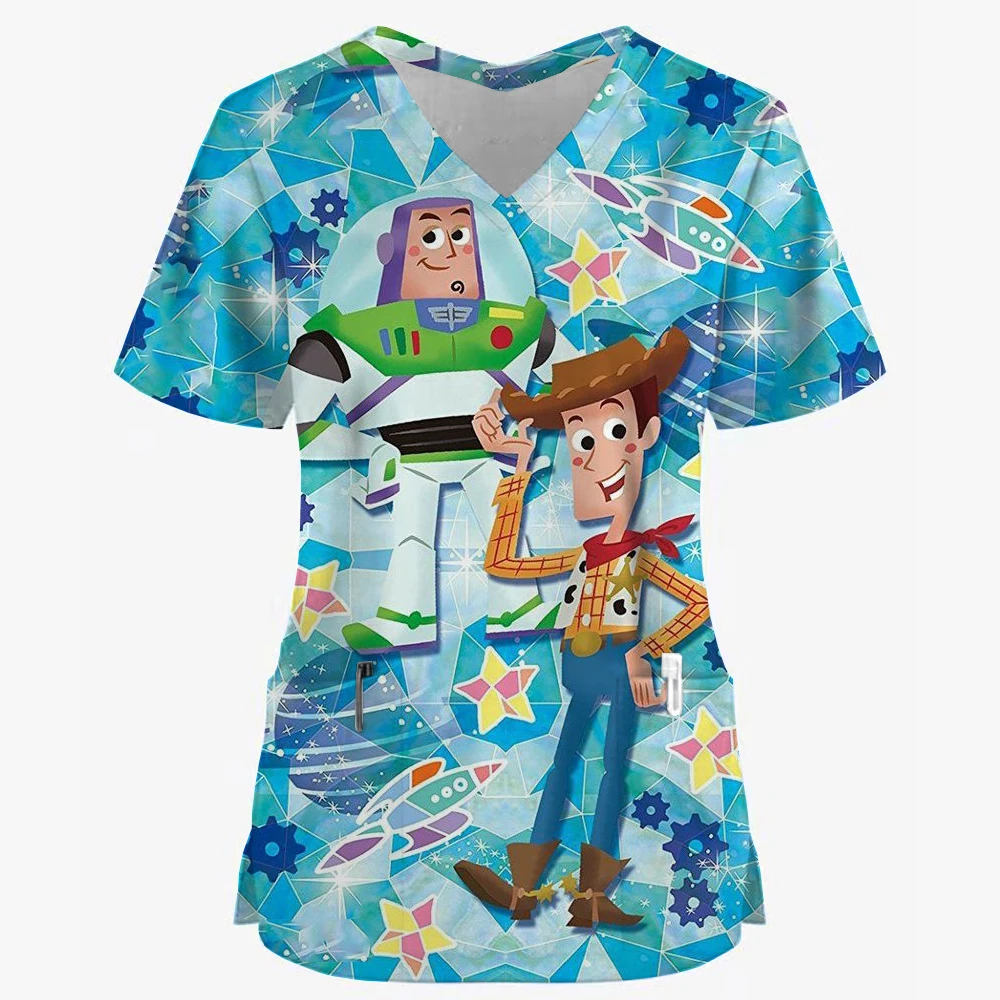 Women Working Uniform Smile Disney Toy Story print Cartoon Short Sleeve V-neck Tops Femme Blouse Nurse work wear Medical Uniform