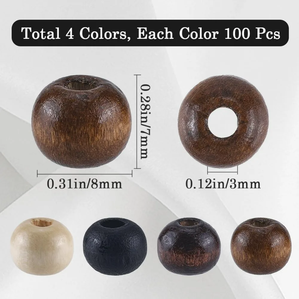 400PCS 4 Styles Round Wooden Spacer Beads 8MM Brown Black Unfinished Natural Wood Hair Beads Bulk 3MM Hole Wooden Loose Ball