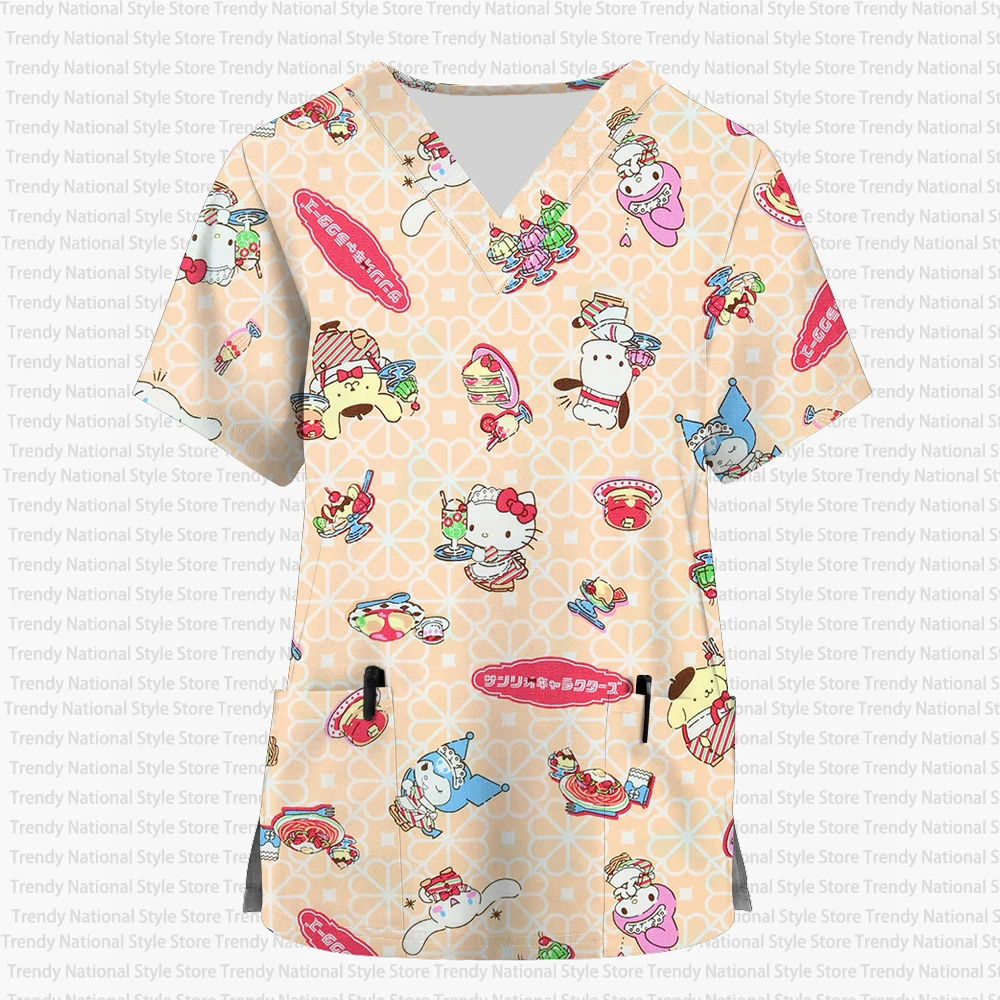 女性の 2026 新しいハローキティ漫画かわいいプリント V ネックポケットつや消しトップ医療看護師作業服美容院 T シャツ