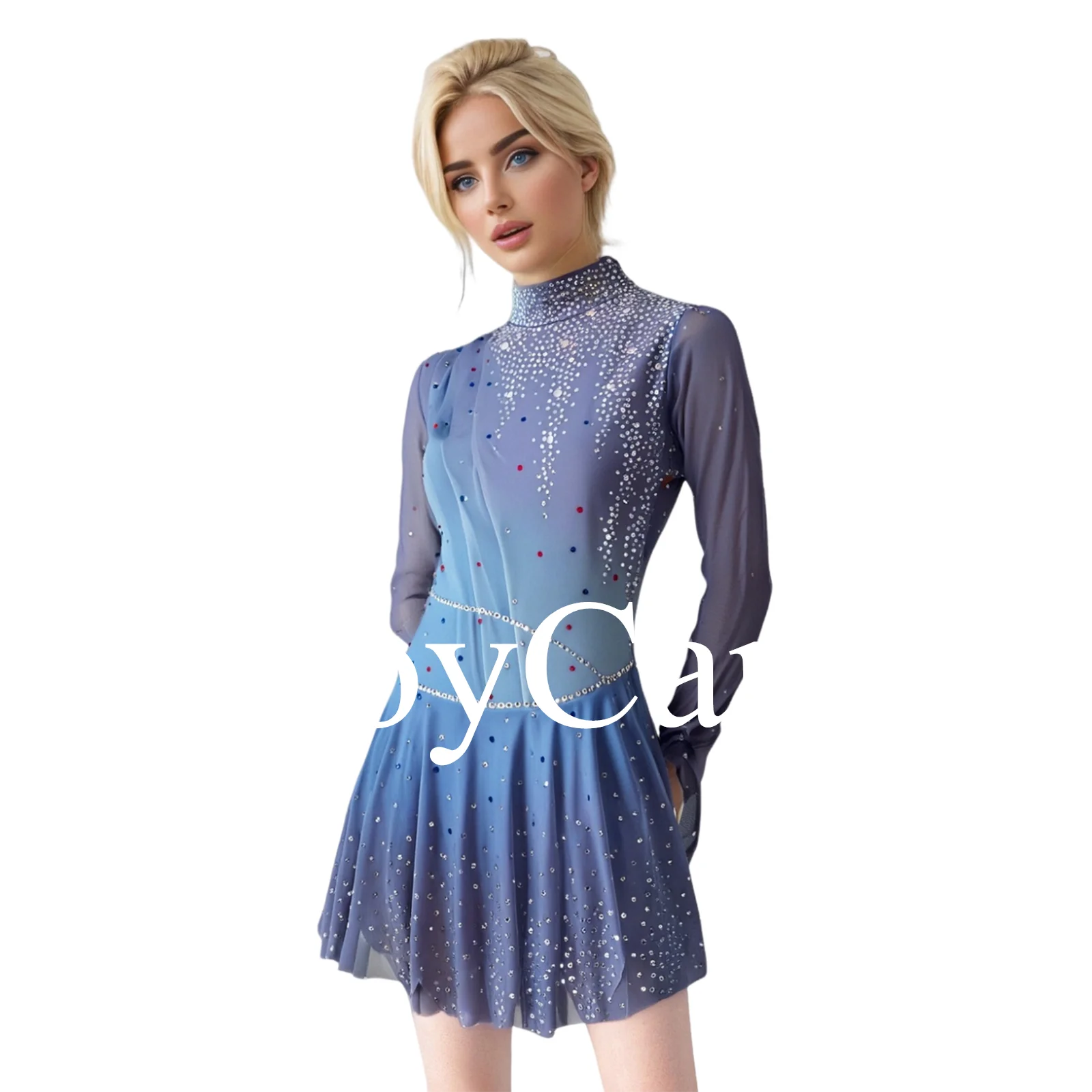 JoyCan-vestido de patinaje artístico para niñas, estampado azul, diamantes de imitación brillantes, leotardos de competición personalizados