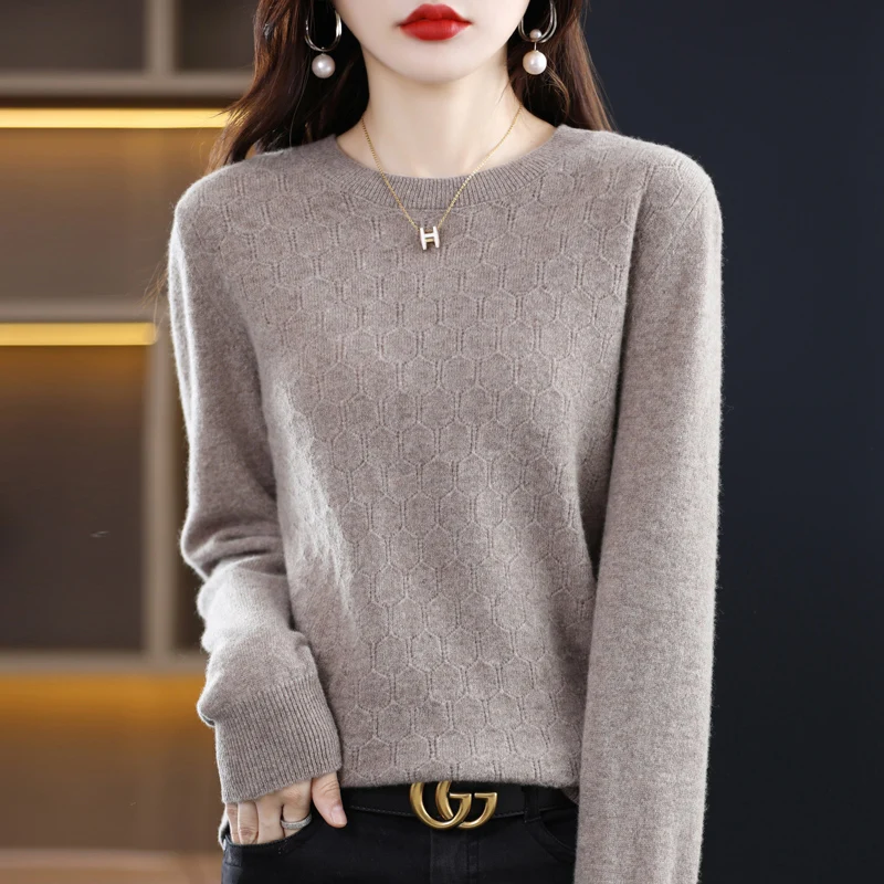 2024 Winter Women's Knitted 100% All wool Pullover Fashion Sweater O-Neck Long Sleeve Hollow out style Soft Warm Basics Tops