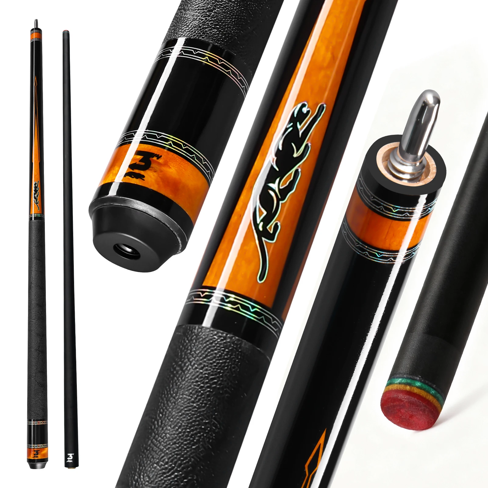 PREOAIDR SP Pool Cue - Premium Black Tech Shaft & Genuine Leather Grip Butt. 12.5mm Rainbow Tip, Pro Taper Design. Uni-Loc Joint, Low Deflection Billiards