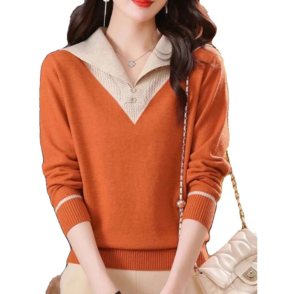 

2024 Spring Autumn New Laper Collar Knitted Pullover Women Korean Loose Color Blocking Sweater Female Long Sleeve Knit Tops