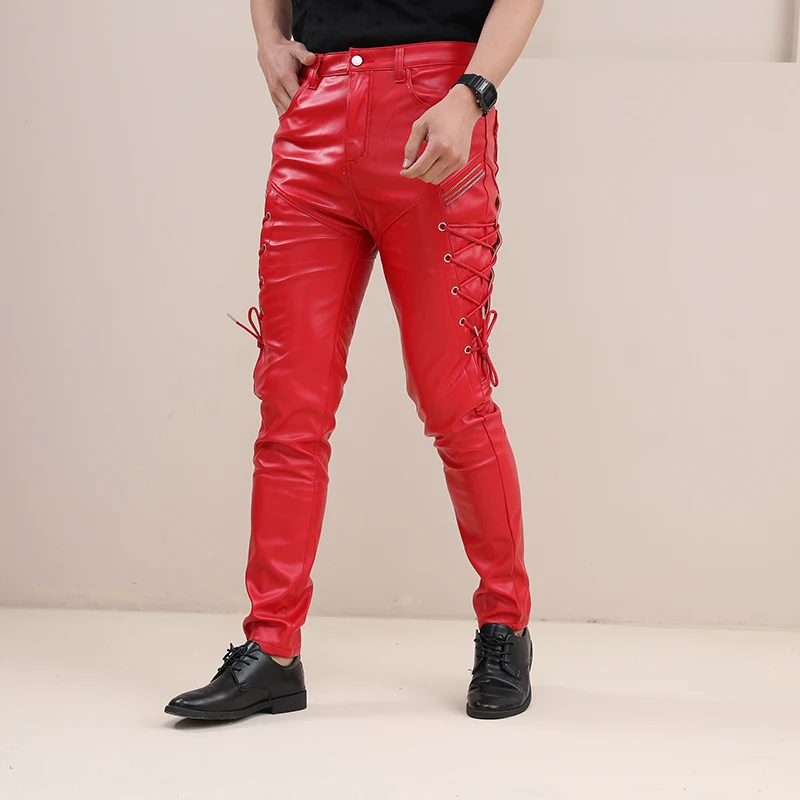 Fashion Skinny Leather Pants Faux Red Joggers Motorcycle Party NightClub Trousers For Men With Strings