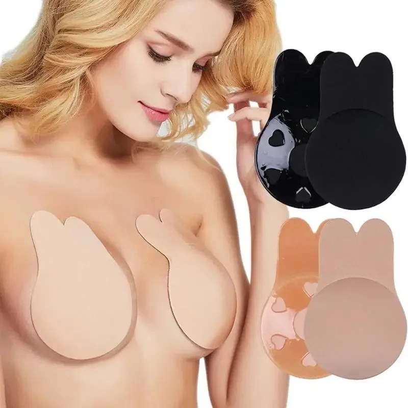 Sujetadores de realce autoadhesivos de silicona sin tirantes para mujer, sujetador Invisible reutilizable, cinta adhesiva para levantar el pecho, cubierta de pezón de conejo, almohadillas para sujetador