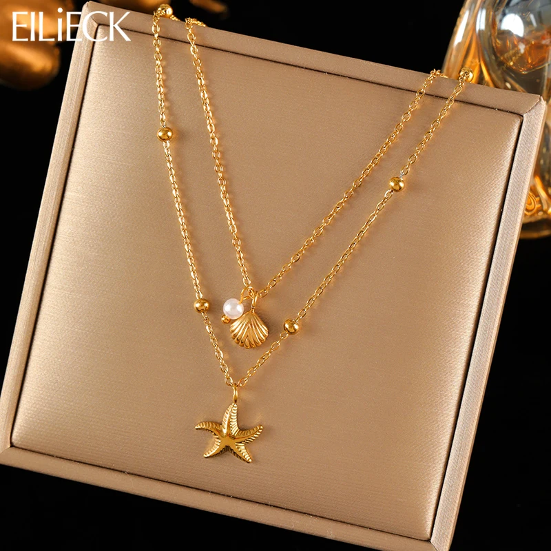EILIECK 316L Stainless Steel Metal Double Chain Starfish Shells Pendant Necklace 18K PVD Plated Waterproof Fashion Jewelry Women